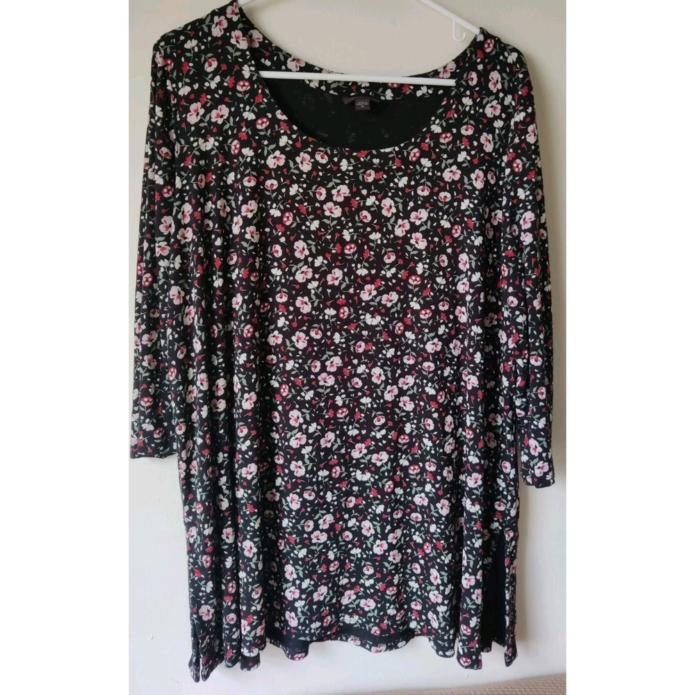 J.Jill Wearever Collection Floral Print Tunic Top‎ Black/Red Long Sleeve Size XL